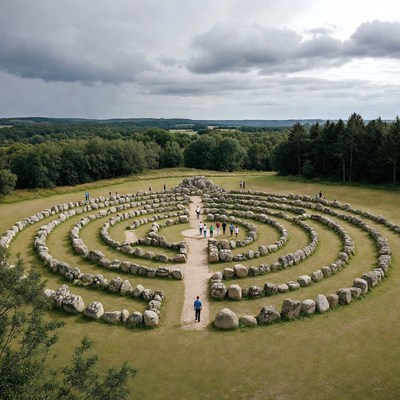 Stone Maze Labyrinth with People