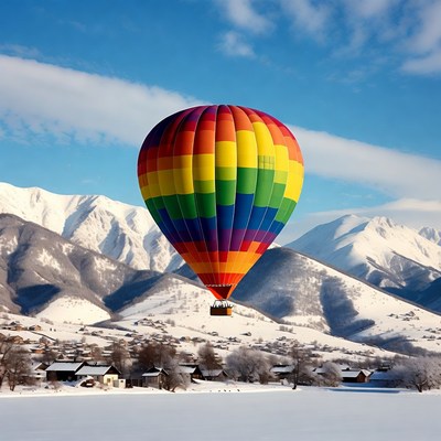 Rainbow Hot Air Balloon over Snowy Mountains
