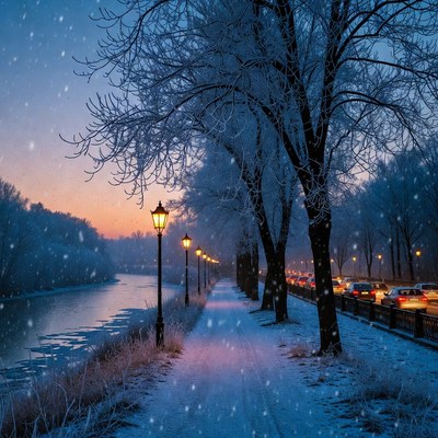 Snowy Street Lined with Streetlamps