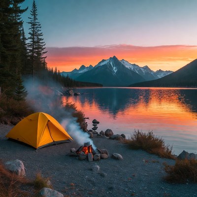 Campfire by lake at sunset