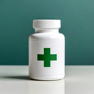 White medicine bottle with green cross