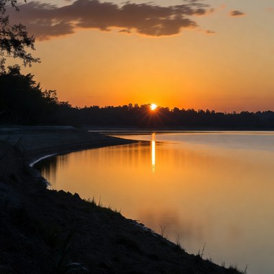 Sunset over lake with trees