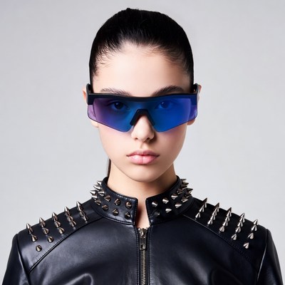 Woman in blue futuristic sunglasses and spiked jacket