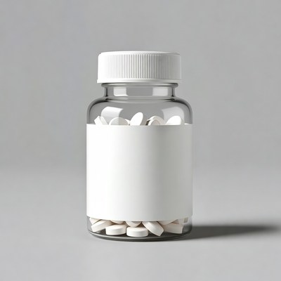 Clear medicine bottle with white pills