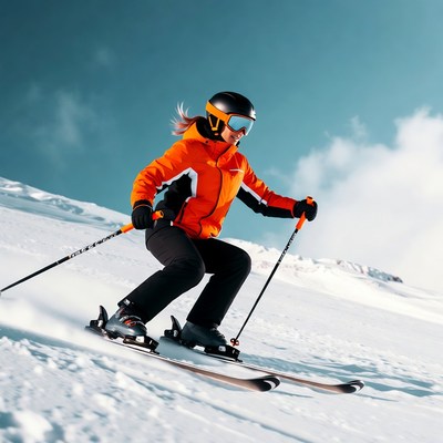 Woman skiing down snowy slope