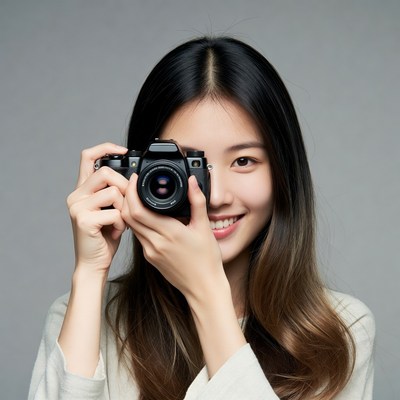 Asian woman holding camera