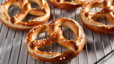 Fresh Salted Pretzels on Cooling Rack