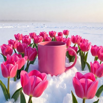 Pink Mug Surrounded by Tulips on Snow
