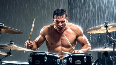 Muscular man drumming intensely in rain