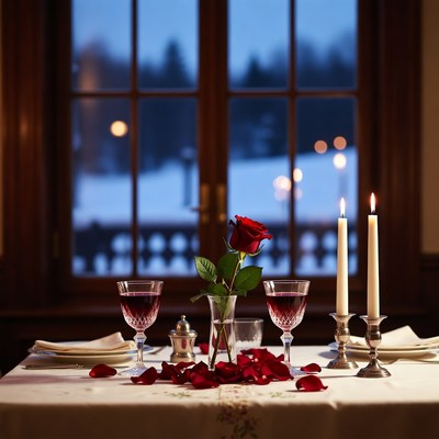 Romantic candlelit dinner by snowy window