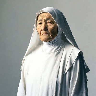 Elderly Asian nun in white habit