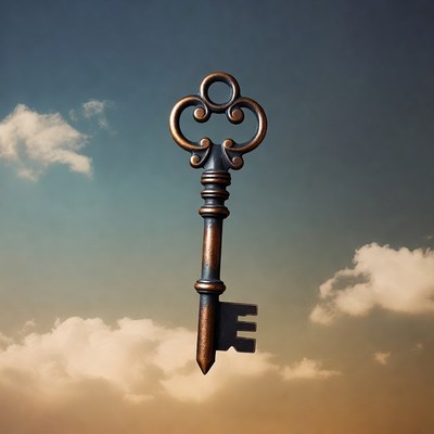 Vintage key floating in clouds