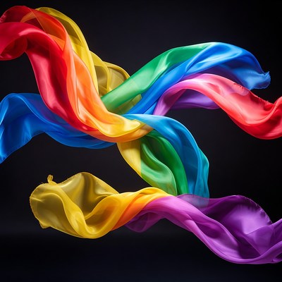 Rainbow silk fabric flowing on black