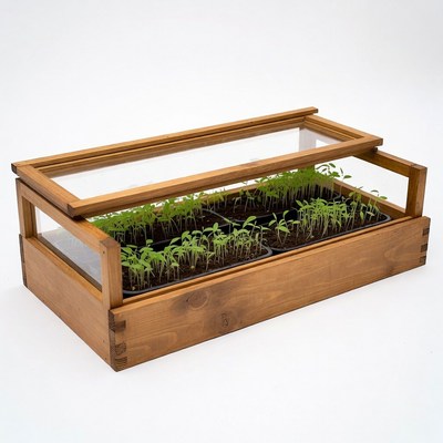 Wooden Greenhouse with Seedlings