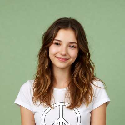 Girl smiling in peace sign t-shirt