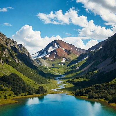 Mountain Valley with River and Lake