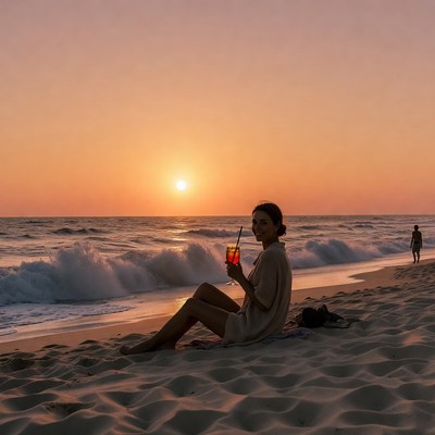 Woman sipping orange drink on beach sunset