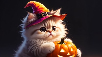 Fluffy Kitten Witch Holding Pumpkin