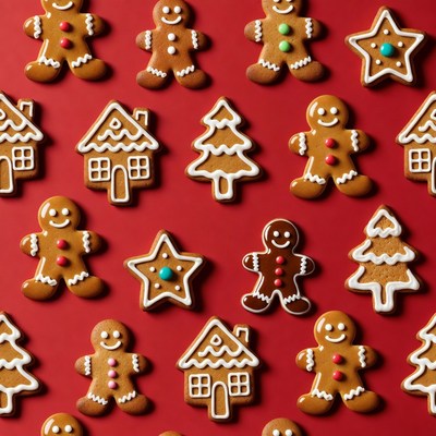 Gingerbread Cookies on Red Background