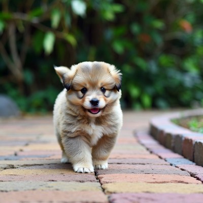 Cute puppy walking on brick path