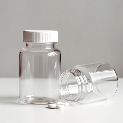 Open transparent pill bottle with white pills