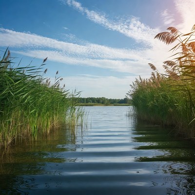 Reeds Framing Calm Lake Sunset