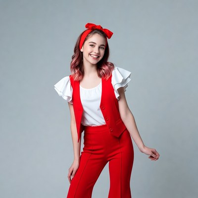 Smiling girl in red vest and pants