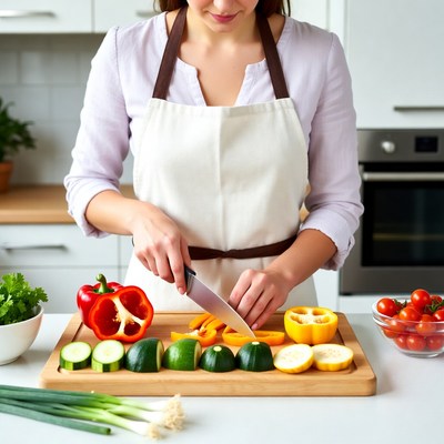 Woman chopping vegetables in kitchen