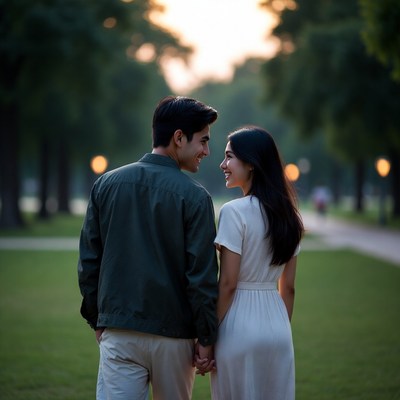 Asian couple holding hands in park