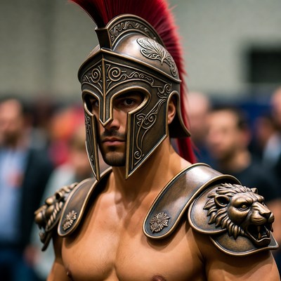 Muscular man in red plumed Roman helmet