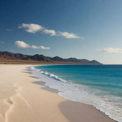 Sandy Beach with Turquoise Ocean and Mountains