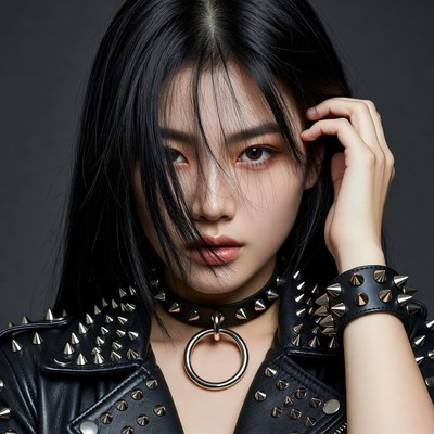 Asian woman in studded leather jacket