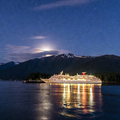 Cruise Ship Docked at Night with Mountains