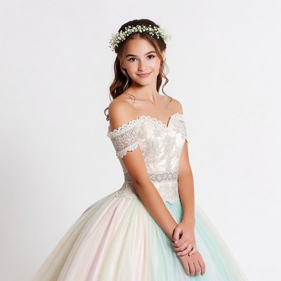 Girl in pastel tulle gown with flower crown