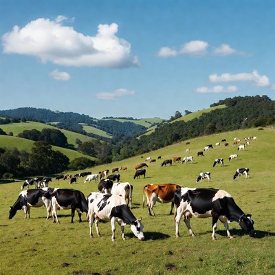 Herd of cows grazing green hillside