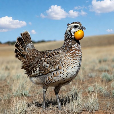 Quail holding orange in field