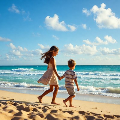 Brother and sister walking on beach