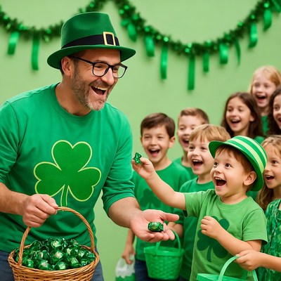 Man giving Lindt chocolate to kids on St. Patricks Day