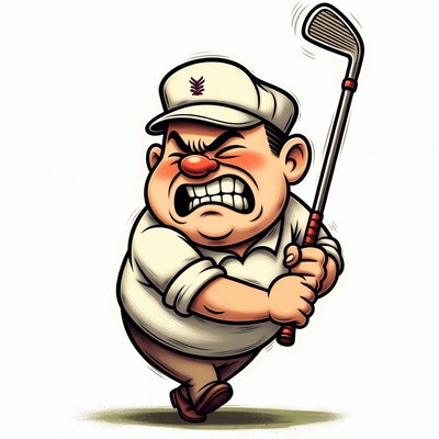 Cartoon chubby man swinging golf club angrily