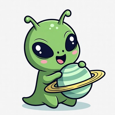 Cute green alien holding Saturn