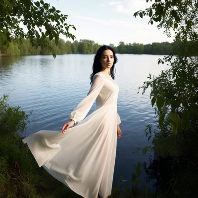 Asian woman in white dress by lake