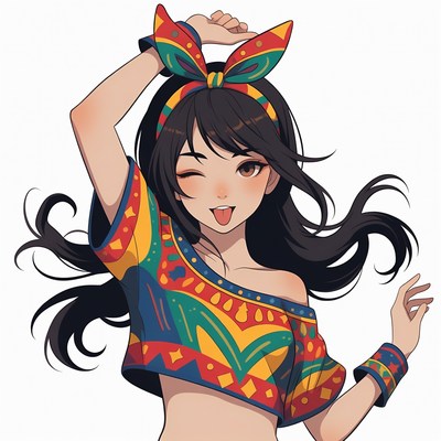 Anime girl dancing in colorful headband