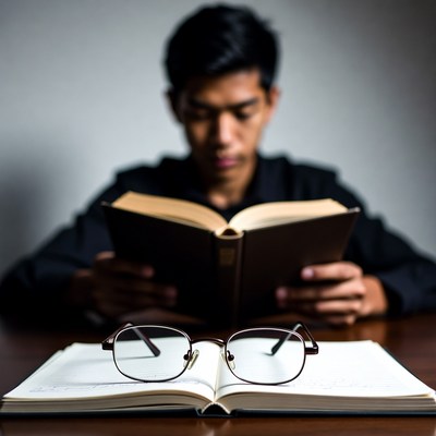 Asian man reading book at desk