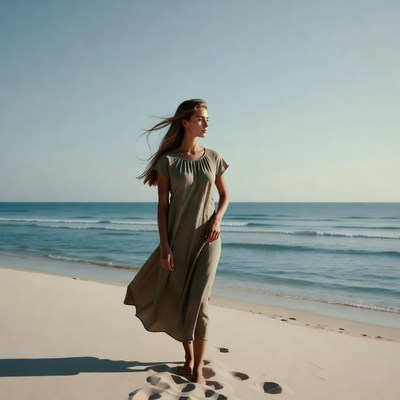 Woman in beige dress on beach