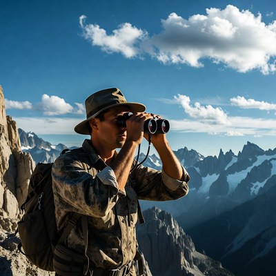Man using binoculars in mountains