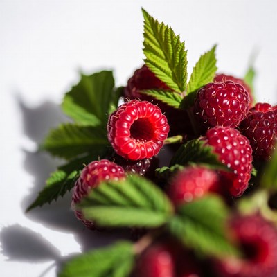 Fresh Raspberries with Green Leaves