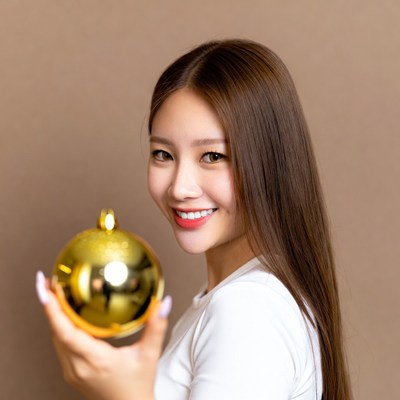 Asian woman holding gold Christmas ornament