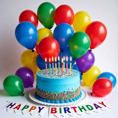 Blue Birthday Cake with Candles and Balloons