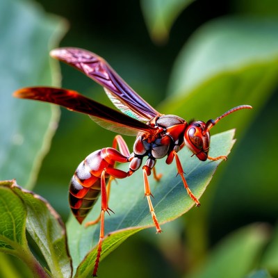 Red Paper Wasp on Green Leaf