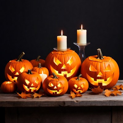 Jack-o'-lantern pumpkins with candles